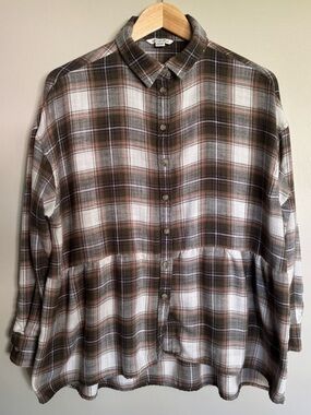 American Eagle Plaid Babydoll Top XS Brown Flannel Button Front Peplum Boho